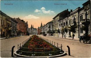 1917 Kolozsvár, Cluj; Ferenc József út. Vasúti levelezőlapárusítás 111. sz. 1915. / street view (kis szakadás / small tear)