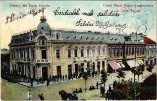 1905 Turnu Severin, Szörényvár; Coltul Pietei Tudor Vladimirescu si Calea Trajan / street view, market, shops of Josef Frisch, M. Spiegel (Rb)