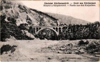 1923 Kőrösmező, Körösmező, Jaszinya, Jasina, Yasinia; Üdvözlet a Kárpátokból, vasúti híd / Partie aus den Karpathen / railway bridge (EK)