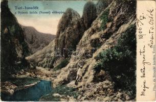 1906 Túri-hasadék, Cheile Turului (Tordatúr, Tureni); A Nyírott-szikla (Sunsni) előkúpjai. Füssy és Sztupjár kiadása / gorge, mountain pass (kis szakadás / small tear)