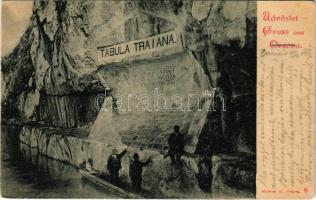 1899 (Vorläufer) Orsova, Kazán-szoros, Traján tábla. Hutterer G. kiadása / Kasanpartie / Cazane, Tabula Traiana / gorge, monument