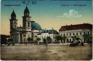 1921 Szatmárnémeti, Szatmár, Satu Mare; Deák tér, Székesegyház, piac, Szatmár Vármegyei Takarékpénztár R.T. / square, cathedral, market, savings bank (EK)