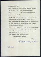 Körmendi János színművész aláírása Bozó Gyulának szóló köszönőlevélen