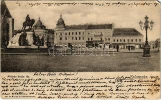 1904 Kolozsvár, Cluj; Mátyás király tér és szobor, Erdélyi Bank, Farkas Antal üzlete. Kováts P. Fiai kiadása / square, monument, statue, bank, shops (EM)