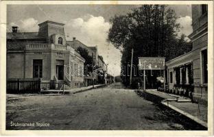 1930 Stubnyafürdő, Túróchévíz, Stubnianske Teplice, Turcianske Teplice; utca, gyógyfürdő, Tatra bank / street view, spa, bank (szakadás / tear)