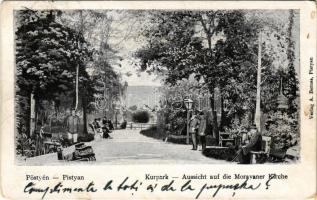 1912 Pöstyén, Pistyan, Piestany; Curpark, Aussicht auf die Moravaner Kirche / Gyógypark, templom. A. Bernas kiadása / spa, park, church (Rb)