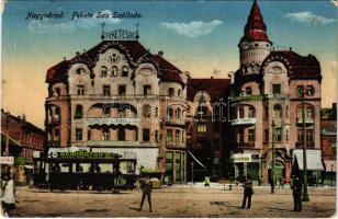 1916 Nagyvárad, Oradea; Fekete Sas szálloda, Vigadó Mozgó, mozi, villamos Remington írógép reklámmal / hotel, shops, cinema, tram with advertisement (EB)