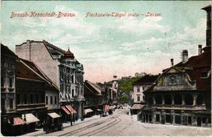 1923 Brassó, Kronstadt, Brasov; Flachszeile / Targul inului / Lensor, Városháza, üzletek / street view, town hall, shops (EK)