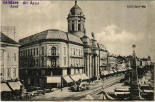 Arad, Andrássy tér, Minorita templom, autóbusz, üzletek, piac. Kerpel Izsó kaidása / square, church, autobus, shops, market (EK)