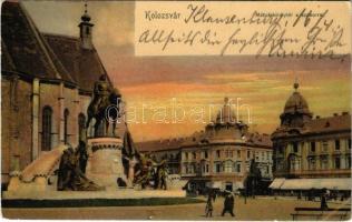 1905 Kolozsvár, Cluj; Mátyás király tér a szoborral, Státus paloták, üzletek / square, statue, monument, palaces, shops (kis szakadás / small tear)