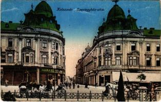 1916 Kolozsvár, Cluj; Szentegyház utca, Státus paloták, Triesti Általános Biztosító, The Gresham Életbiztosító társaság, Generali biztosító, Haraszthy Jenő és Frank Kiss János és fiai üzlete / street view with insurance companies and shops (kopott sarkak / worn corners)