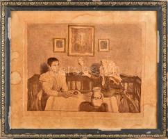 Fényes Adolf (1867-1945): Reggelizők. Linómetszet, papír, sérült, jelzett, 23x28 cm
