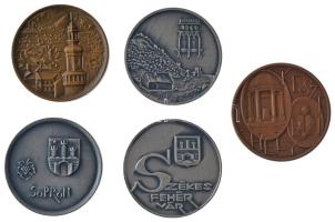 5 darabos kétoldalas ezüstözött bronz és bronz emlékérem tétel, közte Sopron, Székesfehérvár, Visegrád, Keszthely (32mm) T:1-,2
