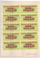 1975. Vásárlási engedély - 200kg Benzin (10x) bélyeg, A4-es lapra ragasztva, a bélyegek VEGYIPARI TERMELŐESZKÖZ KERESKEDELMI VÁLLALAT SZÁLLÍTMÁNYOZÁSI OSZTÁLY BP. V. KOZMA FERENC U. 3. bélyegzéssel felülbélyegezve
