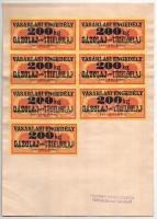 1975. Vásárlási engedély - 200kg Gázolaj (vagy Tűzelőolaj) (7x) bélyeg, A4-es lapra ragasztva, a bélyegek alig kiolvasható VEGYIPARI TERMELŐESZKÖZ KERESKEDELMI VÁLLALAT SZÁLLÍTMÁNYOZÁSI OSZTÁLY BP. V. KOZMA FERENC U. 3. bélyegzéssel felülbélyegezve