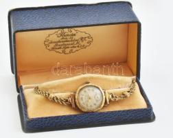Arany (Au/14k) tokos és szíjas karóra, nem működik, jelzett, dobozzal, bruttó: 16,4g