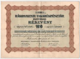 Budapest 1910. Rákosmenti Takarékpénztár Részvénytársaság névre szóló részvénye 100K-ról T:III