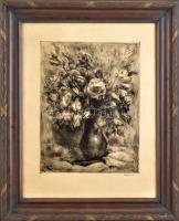 Bordás Ferenc (1911-1982): Tavaszi virágok. Rézkarc, papír. Üvegezett, kopott fakeretben, 39×29 cm
