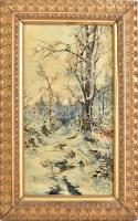 Olvashatatlan jelzéssel (G Sch... 1906?): Vadász a téli erdőben. Olaj, vászon, dekoratív, kissé sérült keretben. 52x27 cm