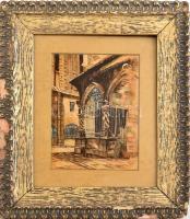 Faragó Géza (1877-1928): Árkádok közt. Vegyes technika, selyem? vászon, jelzett: Faragó Paris, üvegezett sérült fakeretben, 19x14 cm