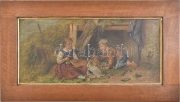 Jelzés nélkül, feltehetően 1900 körül működött német festő: Nyuszi etetők. 2db. Olaj, vászon, minimá...