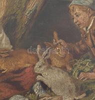 Jelzés nélkül, feltehetően 1900 körül működött német festő: Nyuszi etetők. 2db. Olaj, vászon, minimá...