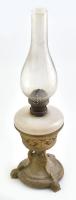 Régi petróleumlámpa, cilinderrel, rozsdafoltos fém szerelékkel, kis csorbákkal m: 47 cm