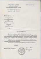 Paskai László bíboros, prímás aláírása Bozó Gyulának szóló köszönő levélen