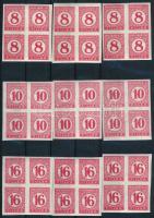 1929 Pengő-filléres portó (II.)3 db 3 értékes vágott négyestömb sor vékony papíron (csak ez a 3 érték került kiadásra vékony papíron) (180.000) / 3 x Mi 113-115 imperforate blocks of 4 on thin paper (only these 3 values exist on thin paper) (az egyik 10f gumihibával / gum disturbance)