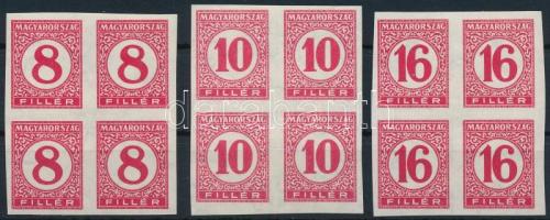 1929 Pengő-filléres portó II. 3 értékes vágott sor vékony papíron négyestömbökben (60.000)