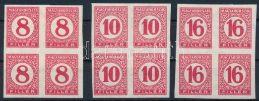 1929 Pengő-filléres portó II. 3 értékes vágott sor vékony papíron négyestömbökben (60.000)