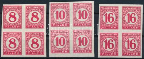 1929 Pengő-filléres portó II. 3 értékes vágott sor vékony papíron négyestömbökben (60.000)