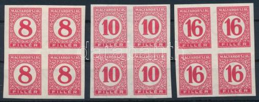 1929 Pengő-filléres portó II. 3 értékes vágott sor vékony papíron négyestömbökben (60.000)