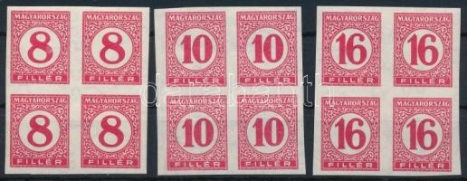 1929 Pengő-filléres portó II. 3 értékes vágott sor vékony papíron négyestömbökben (60.000) (10f ráncok / creases)