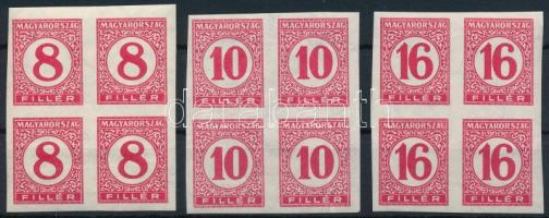 1929 Pengő-filléres portó II. 3 értékes vágott sor vékony papíron négyestömbökben (60.000) (10f ráncok / creases)