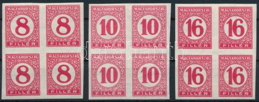 1929 Pengő-filléres portó II. 3 értékes vágott sor vékony papíron négyestömbökben (60.000) (8f szakadás / torn, 10f + 16f ráncok, gumihiba / creases, gumdisturbance)