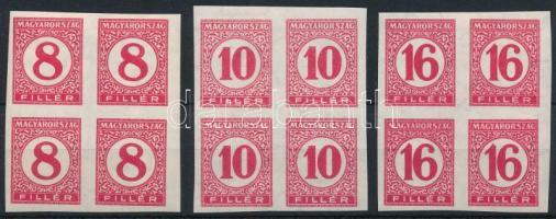 1929 Pengő-filléres portó II. 3 értékes vágott sor vékony papíron négyestömbökben (60.000) (ráncok, törések / creases, folds)