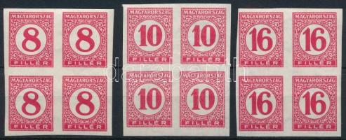 1929 Pengő-filléres portó II. 3 értékes vágott sor vékony papíron négyestömbökben (60.000) (gumihibák, ráncok / gum disturbances, creases)
