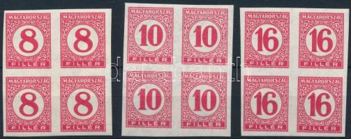1929 Pengő-filléres portó II. 3 értékes vágott sor vékony papíron négyestömbökben (60.000) (gumihibák, ráncok / gum disturbances, creases)