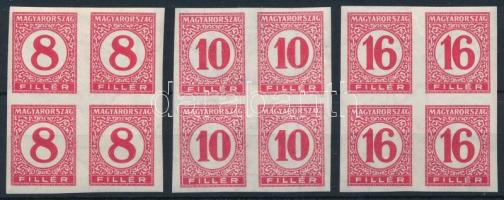 1929 Pengő-filléres portó II. 3 értékes vágott sor vékony papíron négyestömbökben (60.000) (gumihibák, ráncok / gum disturbances, creases)