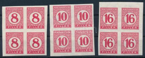 1929 Pengő-filléres portó II. 3 értékes ívsarki / ívszéli vágott sor vékony papíron négyestömbökben ...