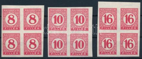 1929 Pengő-filléres portó II. 3 értékes ívszéli vágott sor vékony papíron négyestömbökben (60.000) (gumihiba, ráncok / gum disturbance, creases)