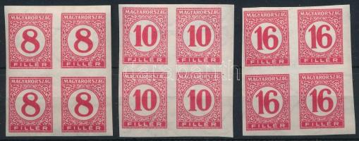 1929 Pengő-filléres portó II. 3 értékes vágott sor vékony papíron négyestömbökben (60.000) (gumihibá...