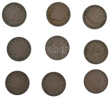 Amerikai Egyesült Államok 1902-1912. 5c Cu-Ni Liberty Nickel (9xklf) T:2-,3  USA 1902-1912. 5 Cents Cu-Ni Liberty Nickel (9xdiff) C:VF,F  Krause KM#112