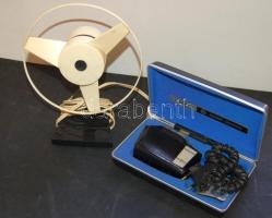 Nosztalgia tétel, benne: XAPKIB márkájú, orosz villanyborotva dobozában illetve egy régi asztali ventilátor