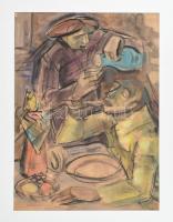 Hetényi Tibor (1891-1977): Ebédelők. Akvarell, tus,, papír, jelzés nélkül, kissé sérült, paszpartuban, hátoldalán feliratozott, 57x37,5 cm
