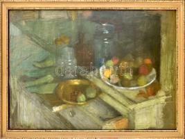 Imreh Zsigmond (1900-1965): Csendélet üvegekkel és gyümölcsökkel. Pasztell, papír, jelzett. Üvegezett, sérült fakeretben, 50×70 cm