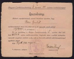1938 Bizonyítvány Bozó Gyula részére cserkész próba kiállásáról