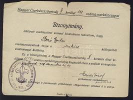 1938 Bizonyítvány Bozó Gyula részére cserkész próba kiállásáról