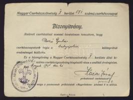 1938 Bizonyítvány Bozó Gyula részére cserkész próba kiállásáról